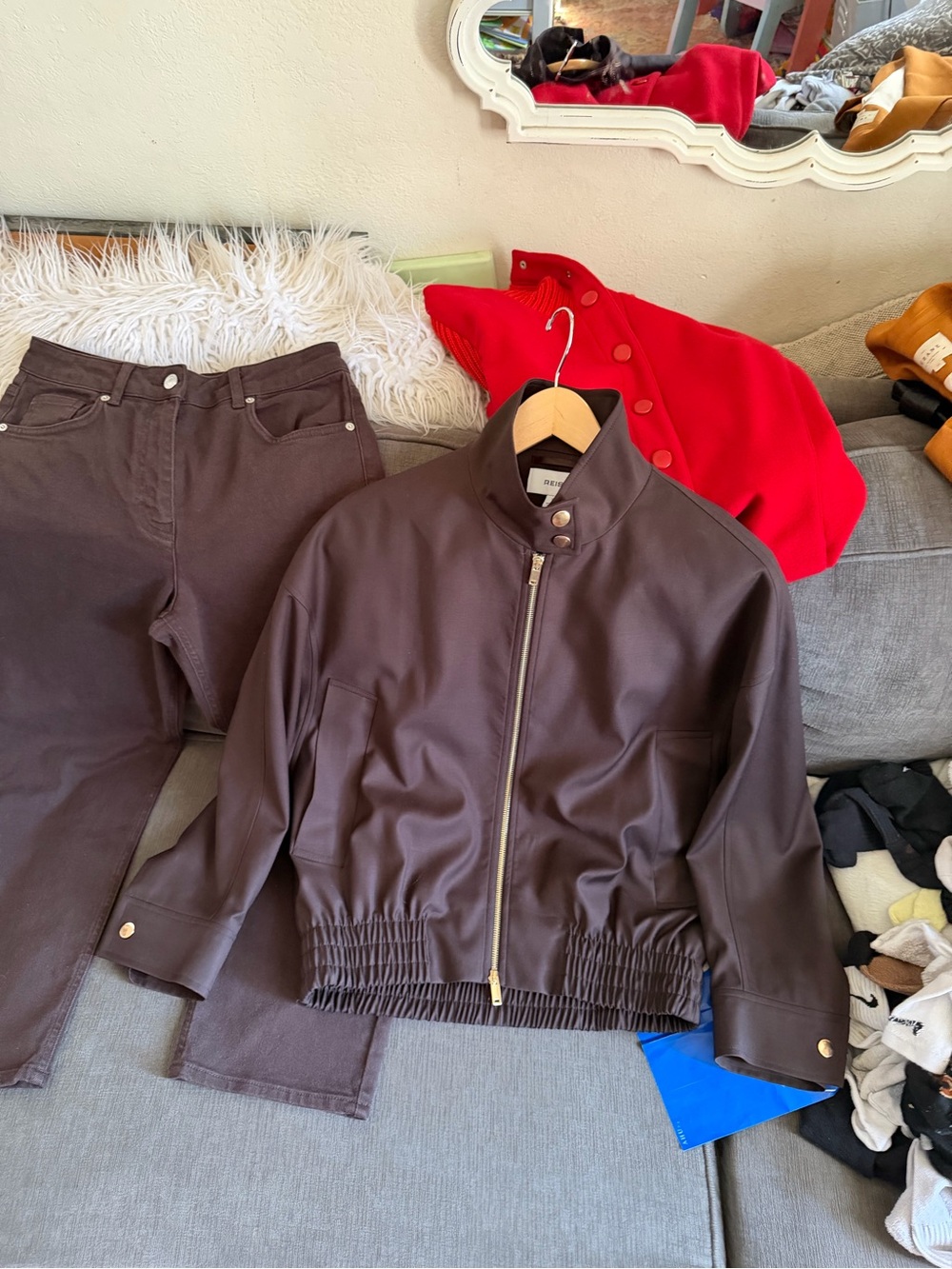 Reiss Dark Brown Bomber Jacket and matching jeans size 28r nwot bundle 🍂🍃🍁 - Picture 8 of 15